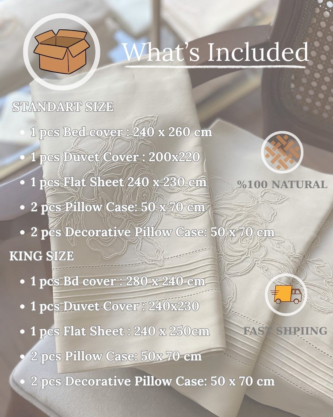 Güllü Güpür Çift Kişilik – 7 Parça Nevresim + Pike Set